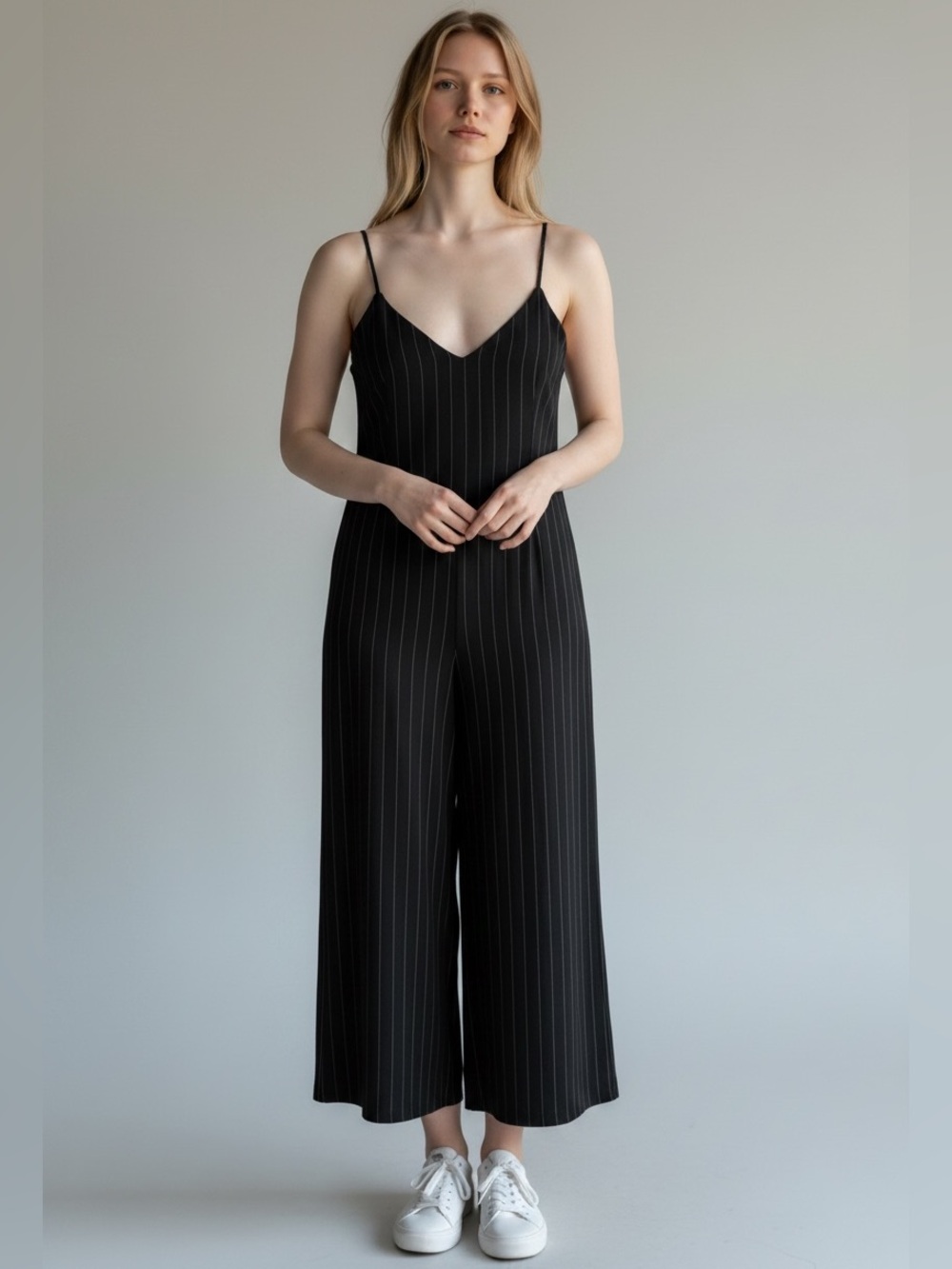 Cupcakes and Cashmere Black Pinstripe Wide Leg Jumpsuit Size S